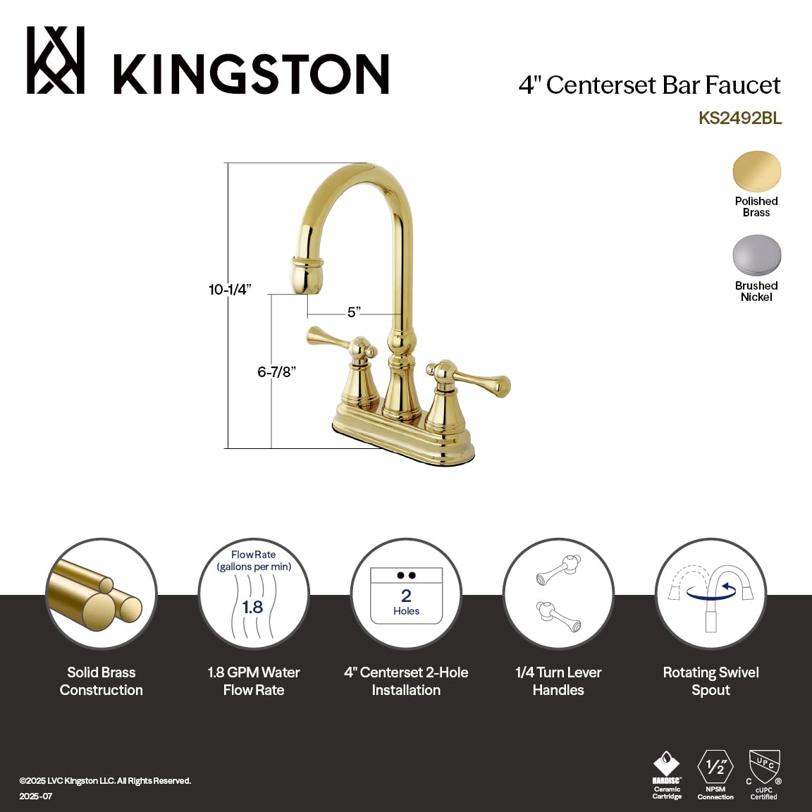 Kingston - Rubinetto a barra in ottone con maniglia in metallo e senza scarico pop-up, in ottone lucido, Ottone lucido, 5-inch Spout Reach
