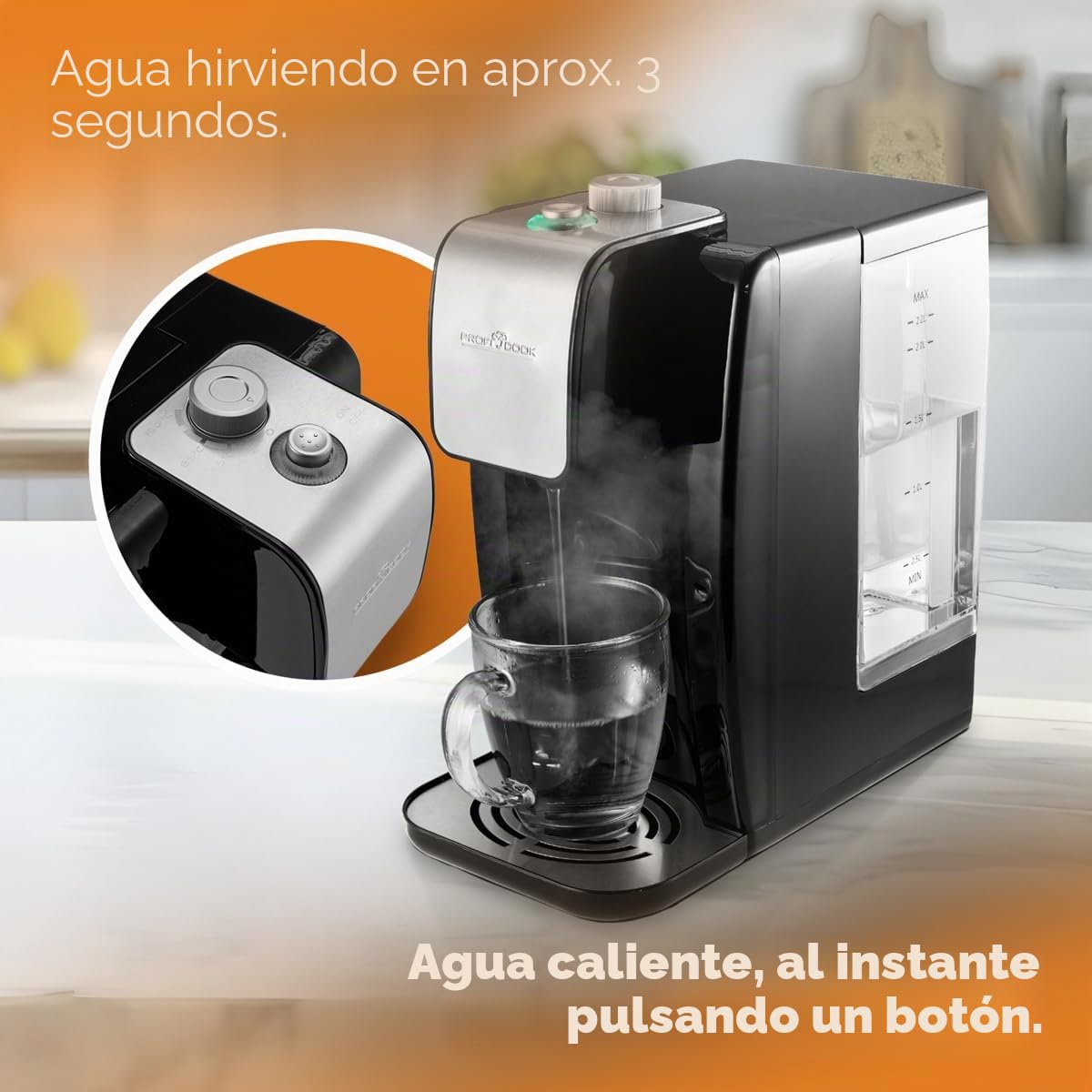 ProfiCook PC-HWS 1168 - Dispensador de agua a alta velocidad (100 °C, aprox. 3 segundos, ajuste de temperatura variable de 45 °C a 100 °C, hasta 2,2 litros de capacidad, inserto de acero inoxidable.