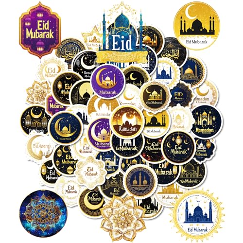 Ramadan Stickers 50 PCS Eid Mubarak Stickers Ramadan Decorations Party Supplies Eid Mubarak Decorations Waterproof Sticker Pack for Water Bottles Laptop Skateboard Gift Bags Scrapbooking Crafts