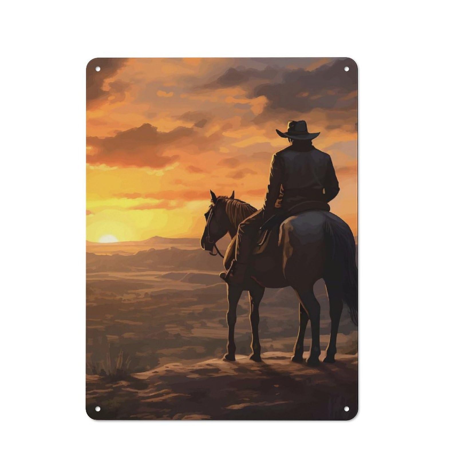 Junmoney Style-21 For Café Or Restaurant, Cowboy On Horseback At Sunset Retro Metal Sign 40X30cm, Gift For Café Owners And Decorators During The Christmas Season