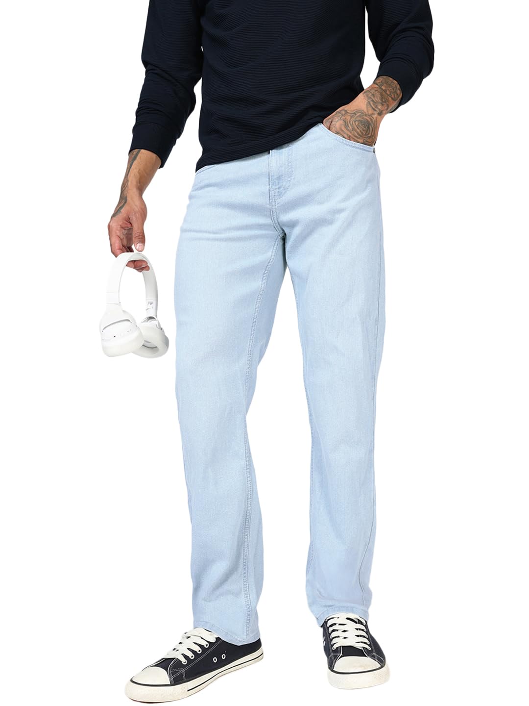 Bewakoof Men's Solid Slim Straight Fit Polycotton Stretchable Jeans in neutral