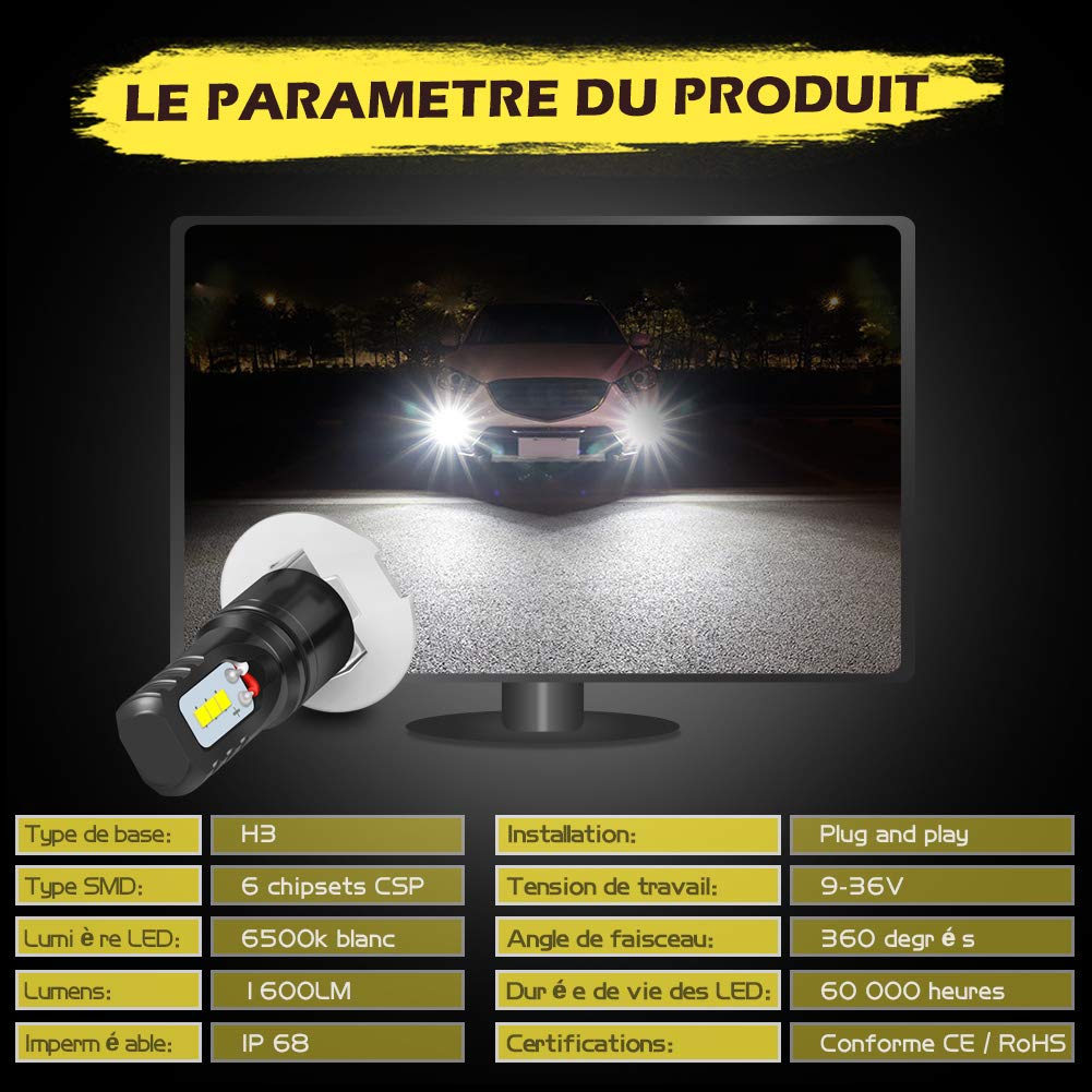 KATUR H4 9003 HB2 Ampoule LED antibrouillard 1600 lumens Max 80W puces CSP 6500K Phare antibrouillard Blanc ou feu diurne DRL - Garantie de 3 Ans