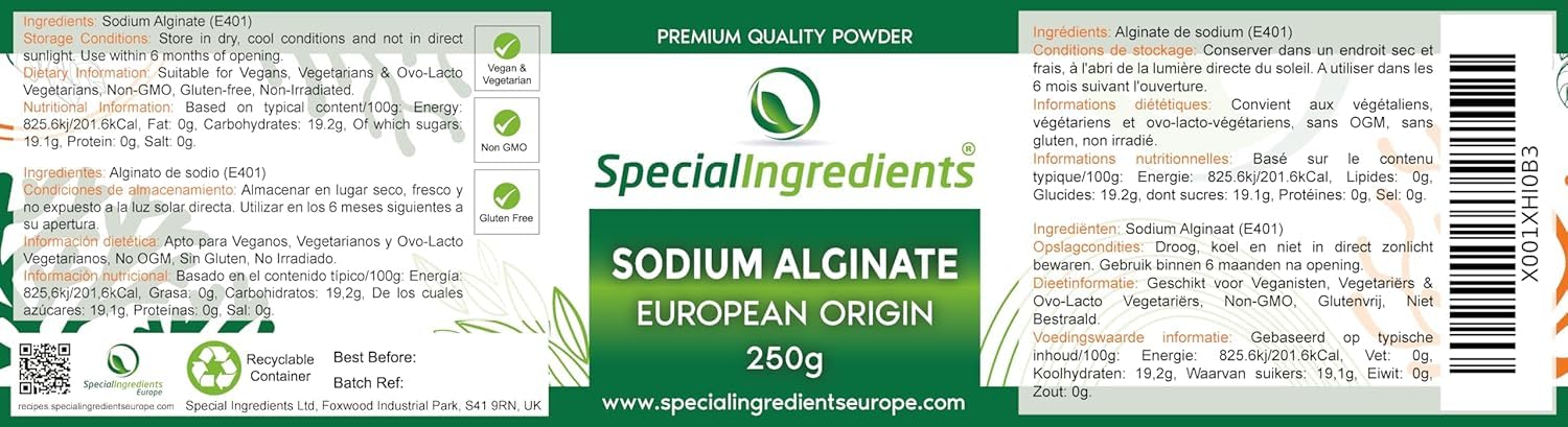 Special Ingredients Alginate De Sodium 250 gr Poudre, Qualité Supérieure, Extrait d'Algue, Épaississant, Émulsifiant et Améliorateur de Texture - 250 gramme