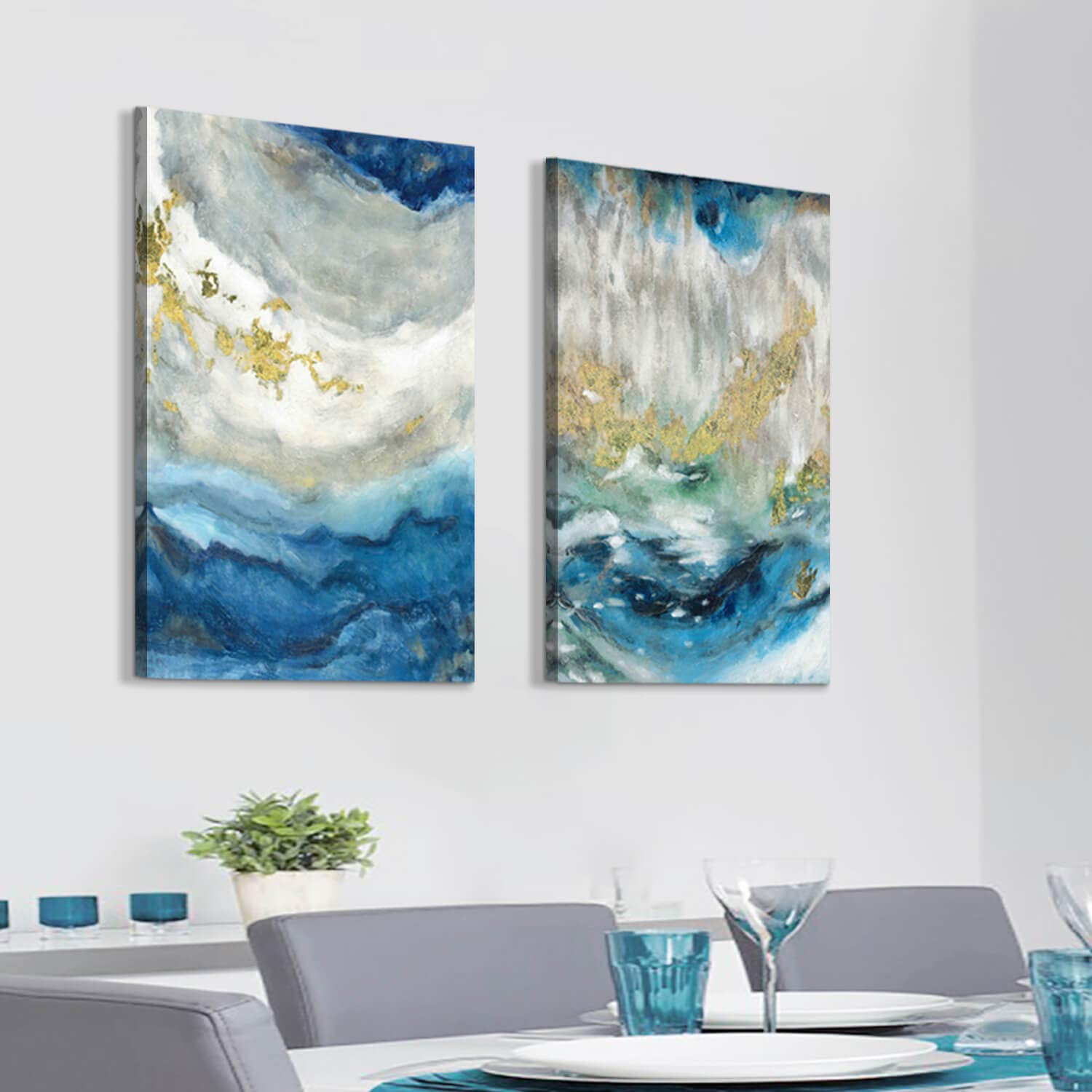 Quadro astratto blu e oro extra large per una stanza di lusso, quadro astratto blu orizzontale di grandi dimensioni, grande regalo per la sala da pranzo - Italia