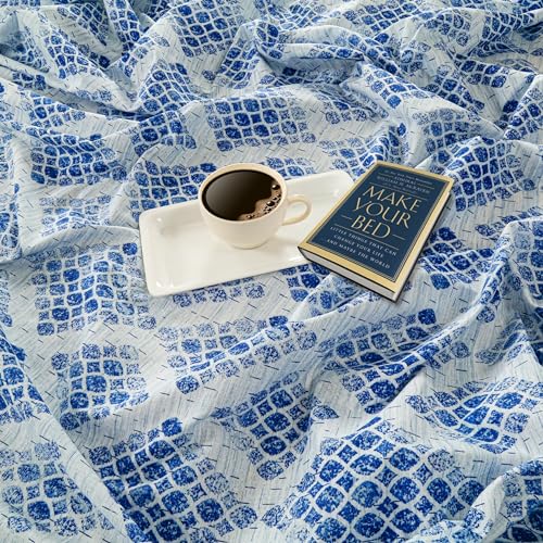 Image of Swayam Pure Cotton King Fitted Bedsheet with 2 Pillow Covers | 160 TC Soft Breathable Bed Sheet | Geometric Printed | Size 72 x 78 x 10 inch | Comfortable & Durable for Bedroom - Blue & Cream