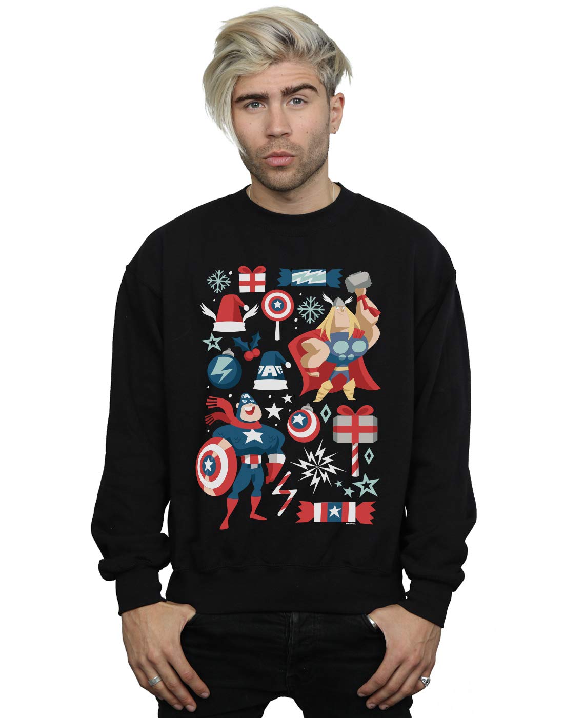 Absolute Cult Men's Black Marvel Thor And Captain America Christmas Day Sweatshirt Large