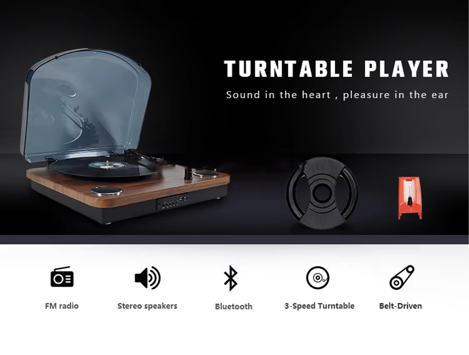 Giradischi con altoparlanti - Dischi in vinile da 7/10/12", 33/45/78 giri, Bluetooth integrato, radio FM, uscita RCA, USB, ingresso AUX, riproduzione wireless - Design in legno e plastica marrone