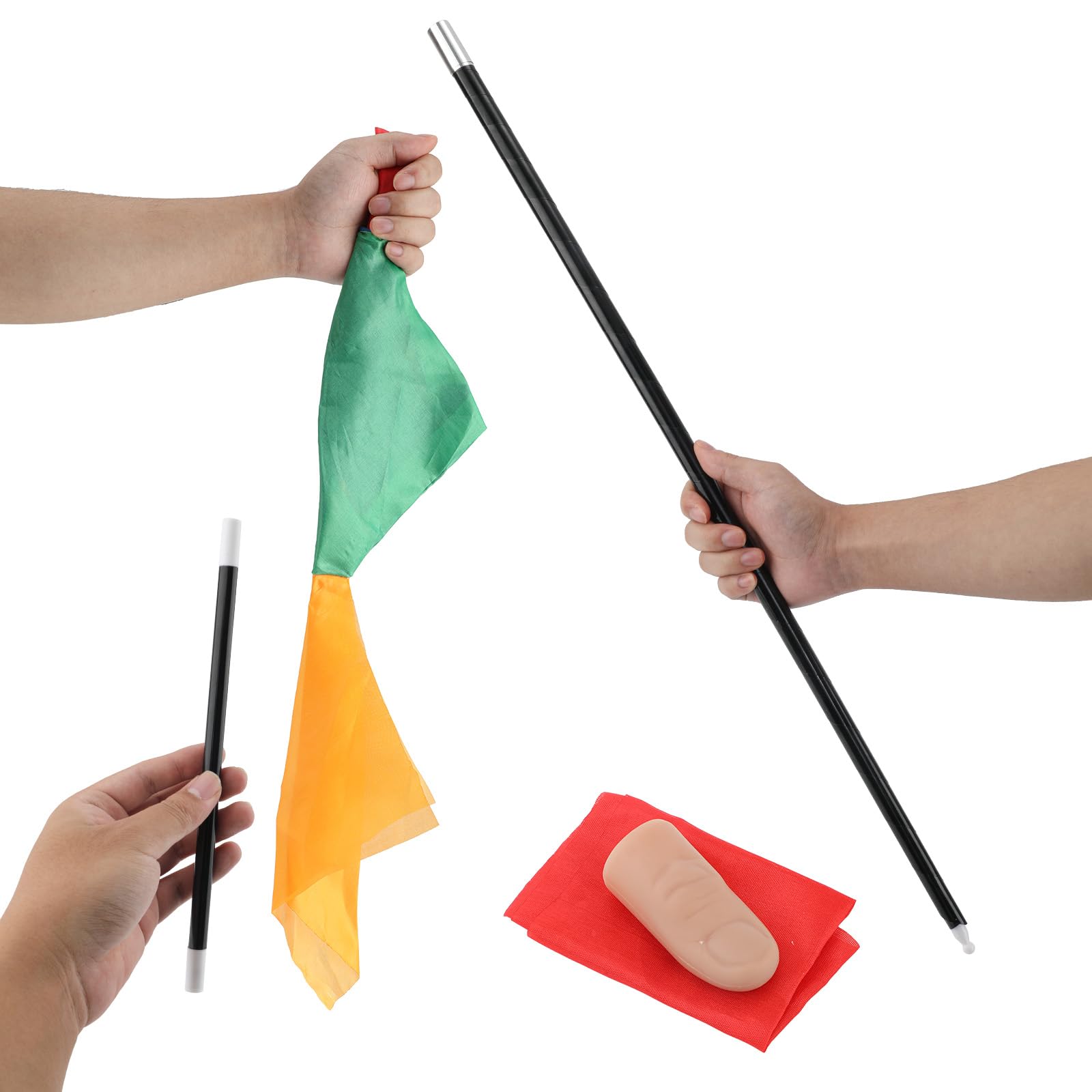 4pcs Magic Trick Kit, Color Changing Silk Scarves Vanishing Finger Thumb Tip Magic Hanky Plastic Magician Wand Retractable Pocket Staff Props for Magic Beginner Stage and Street Accessories