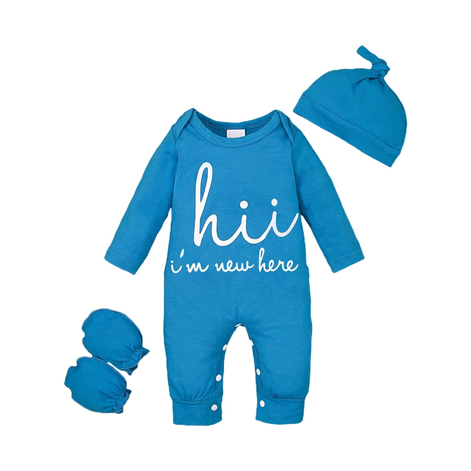 Infant Boys Winter Thermal 3Pcs Sets Newborn Baby Long Sleeve Letter Print Jumpsuit & Hat & Socks (Blue, 0-1 Months)