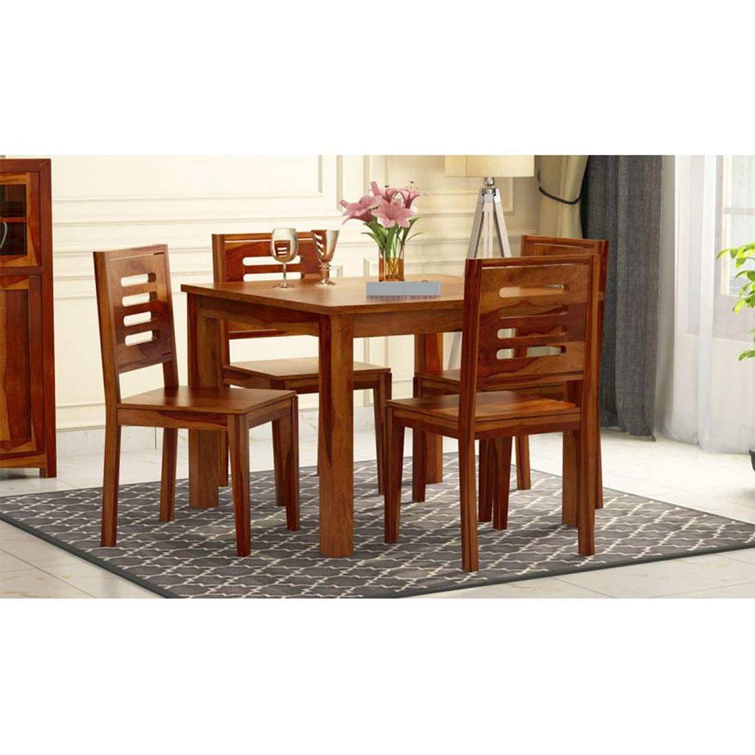 Sheesham Wood 4 Seater Dining Table with Chair Four Seater Wooden Dining Room Set Dinner Table || Solid Wood Dining Room Sets for Living Room Home Restaurant - Natural Honey Finish-image-6