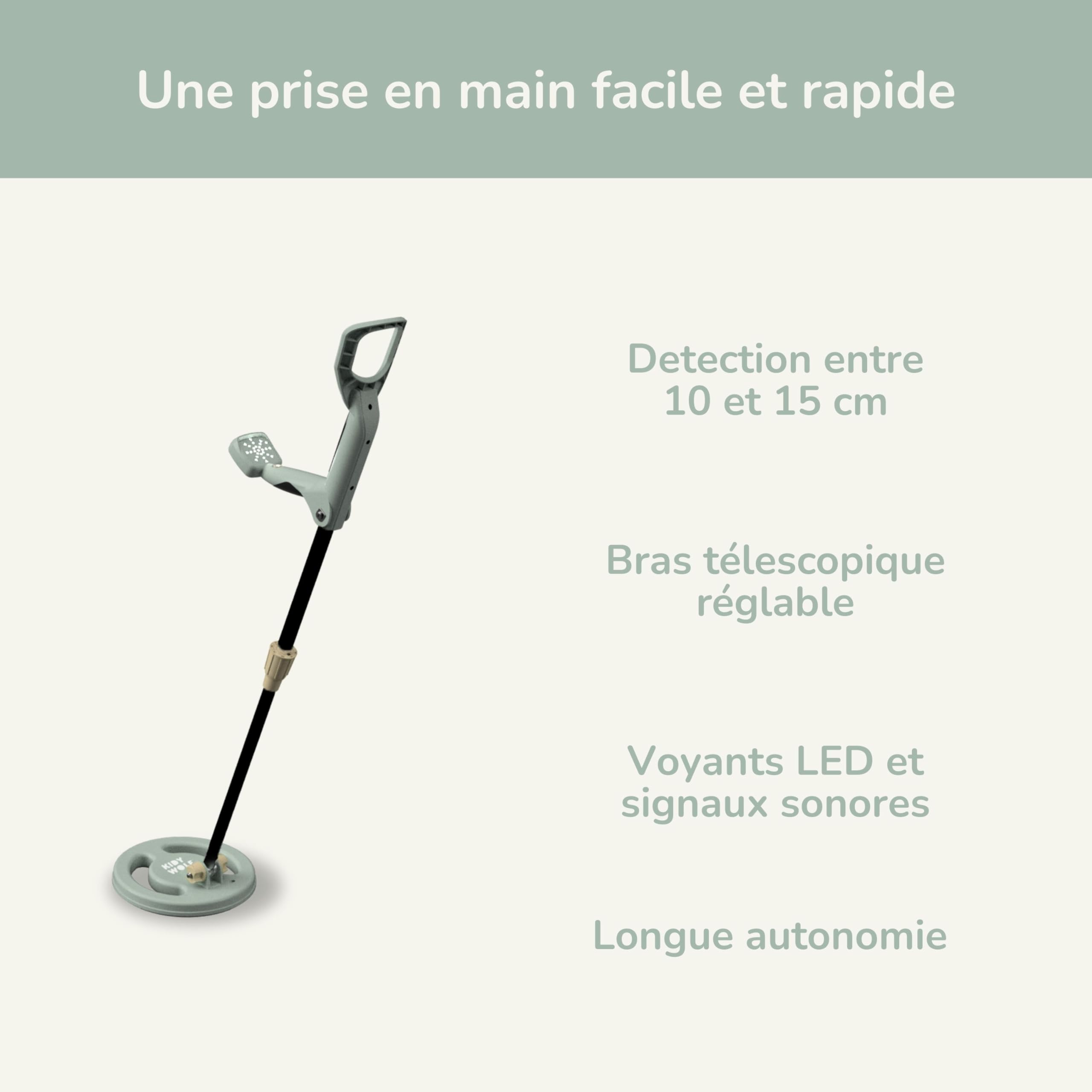 KIDYWOLF - KIDYMETAL - Détecteur de Métaux Enfant Rechargeable 6ans+ | Bras télescopique, pliable et réglable en hauteur, détection précise, kit complet de chasse au trésor