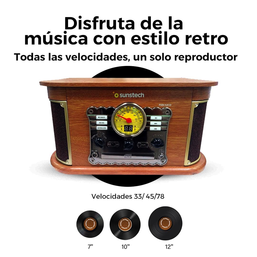 Sunstech Tocadiscos de vinilo de madera con conexión inalámbrica y altavoces estéreo 2.5 W | Giradiscos 3 velocidades 33/45/78 RPM | Reproductor CD, MP3, casete, radio AM/FM, USB y SD | Grabación MP3