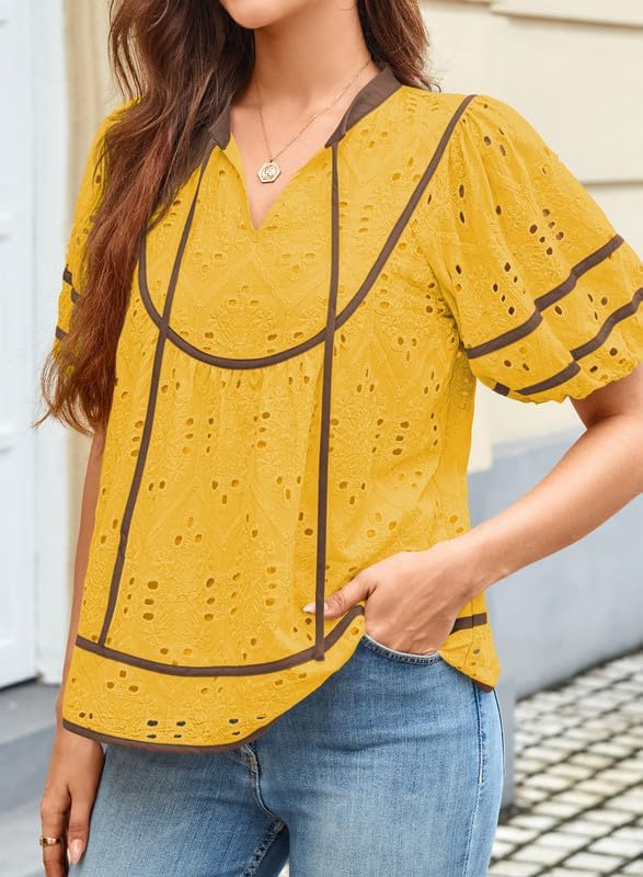 Women Blouses V Neck Puff Short Sleeve Womens Summer Tops Eyelet Embroidered Clothes Trendy Causal Babydoll Shirts - Image 2