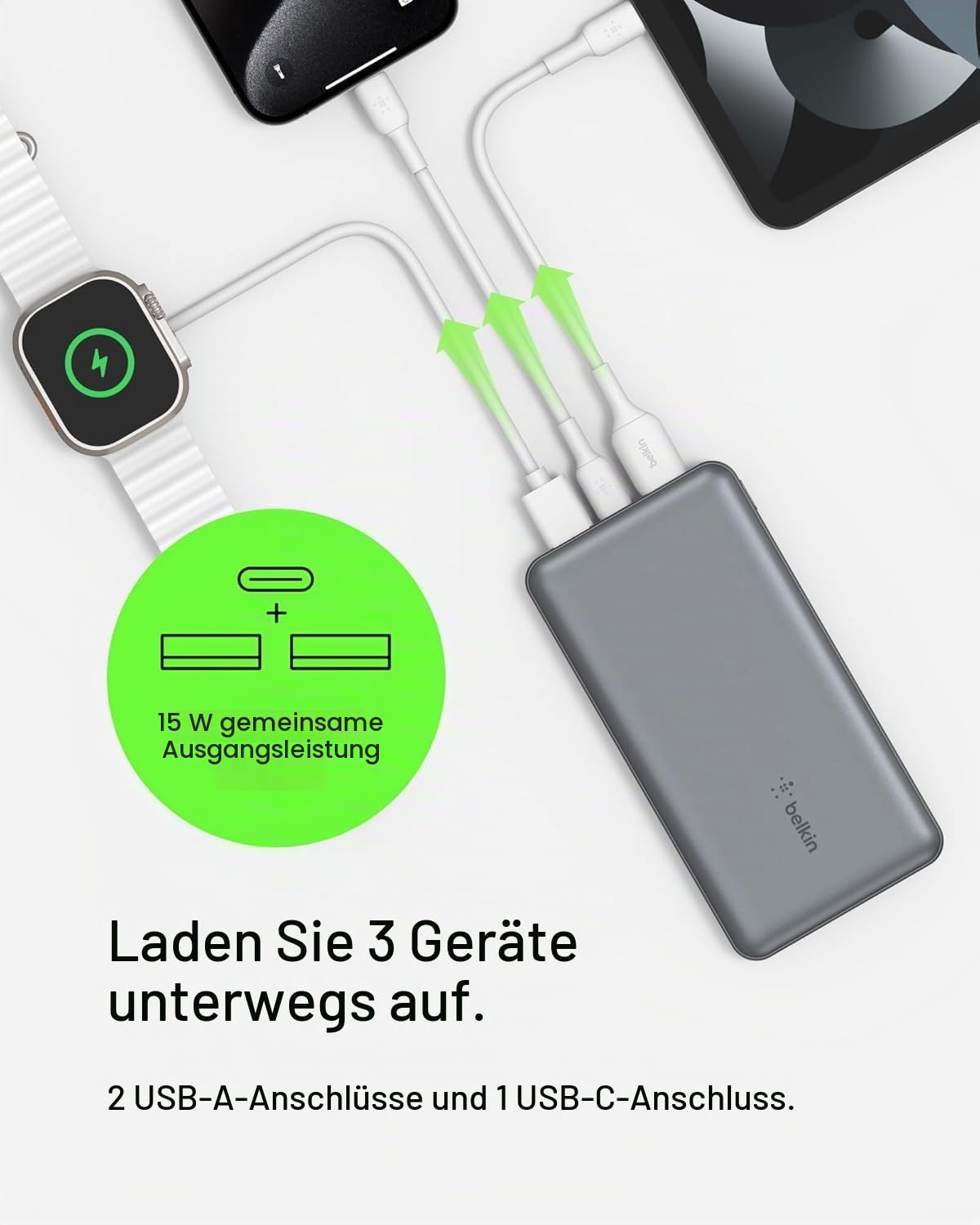 Belkin BoostCharge 10000mAh Power Bank mit USB C und USB A Ports – Grau – Ansicht 2