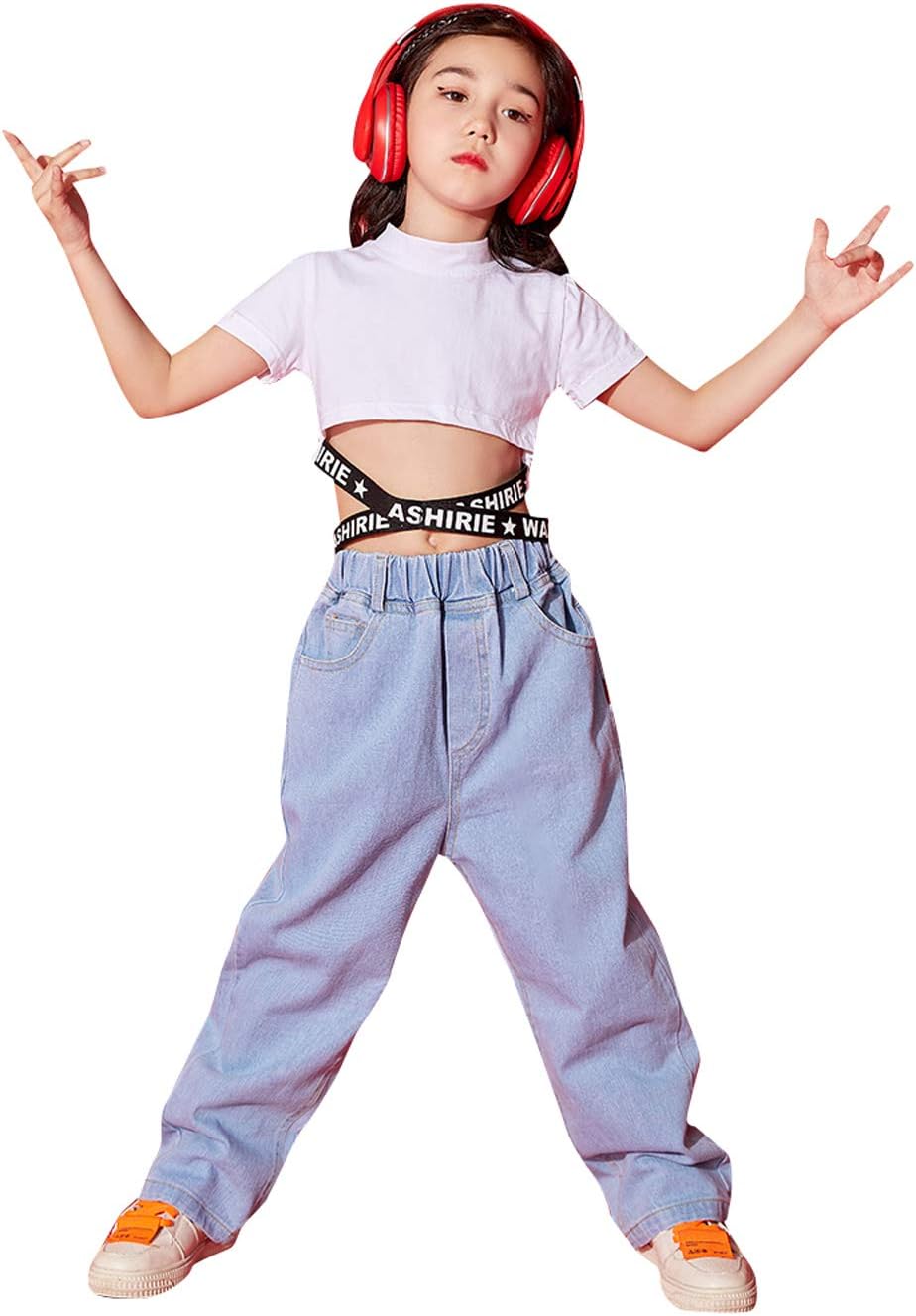 キッズダンス衣装セットアップデニムパンツダメージパンツへそ出しガールズ女の子tシャッツトップスベストヒップホップ発表会韓国 新しく着き
