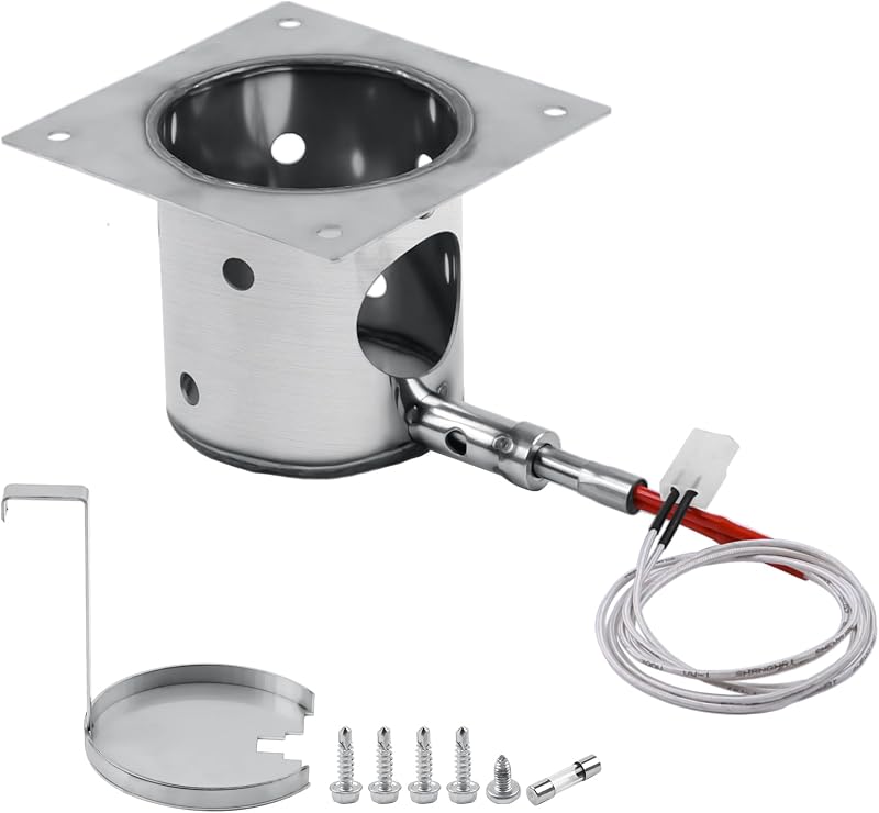 304 Stainless Steel Fire Burn Pot and Hot Rod Ignitor Kit for Pit Boss, Traeger, Camp Chef Pellet Grills, Upgraded Heavy Duty Burner Pot Replacement Parts with Ash Remover, Screws and Fuse