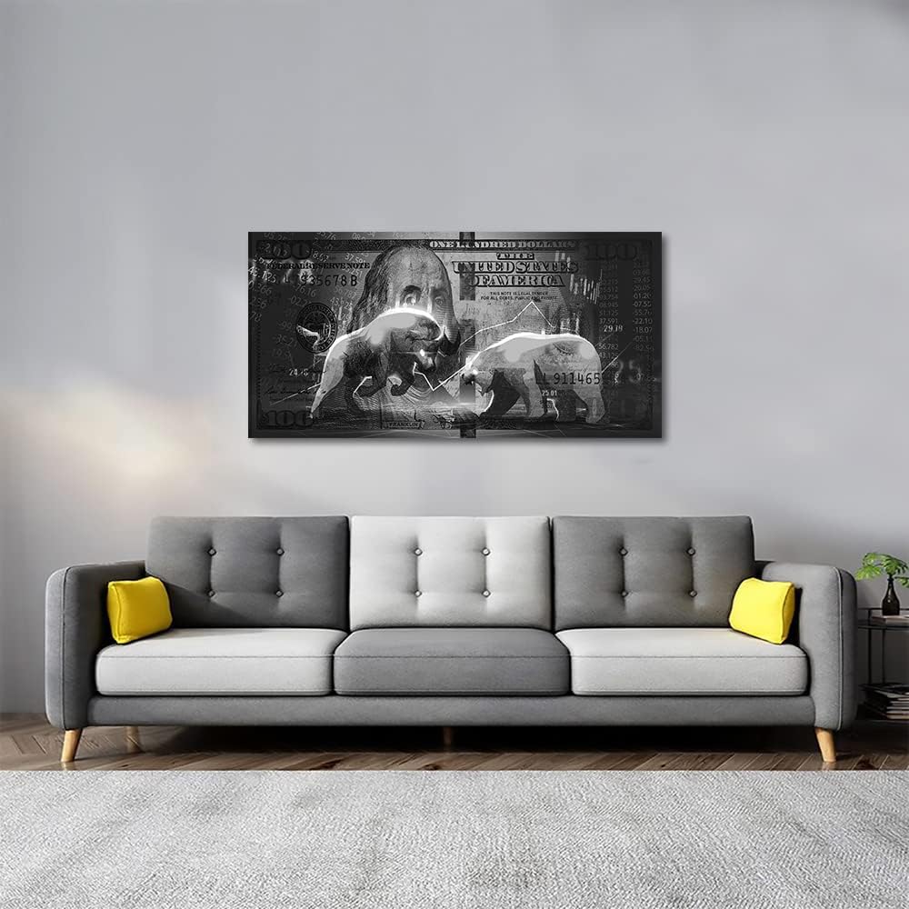 Wall Street Charging Bull Bear Canvas Paintings 100 Dollar Bill Money Poster Wall Art Picture Office Wooden Framed Easy and Ready to Hang-48 inch x 24 inch - Image 2