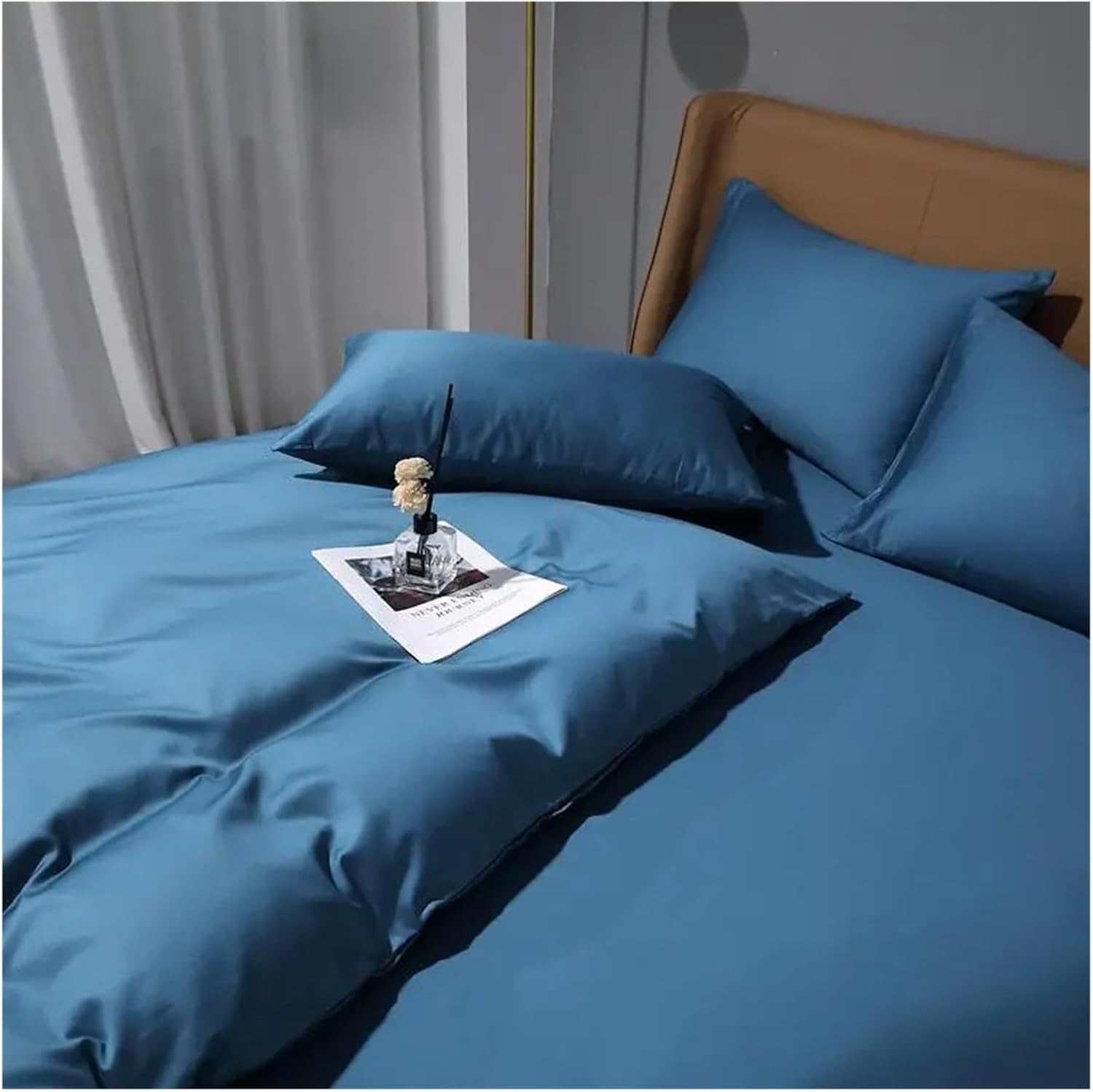. Style Home Textile 4pcs Solid Color Bedding Set Cotton Blue Duvet Cover Fitted Bed Sheet Pillowcase King Queen Size,Bed
