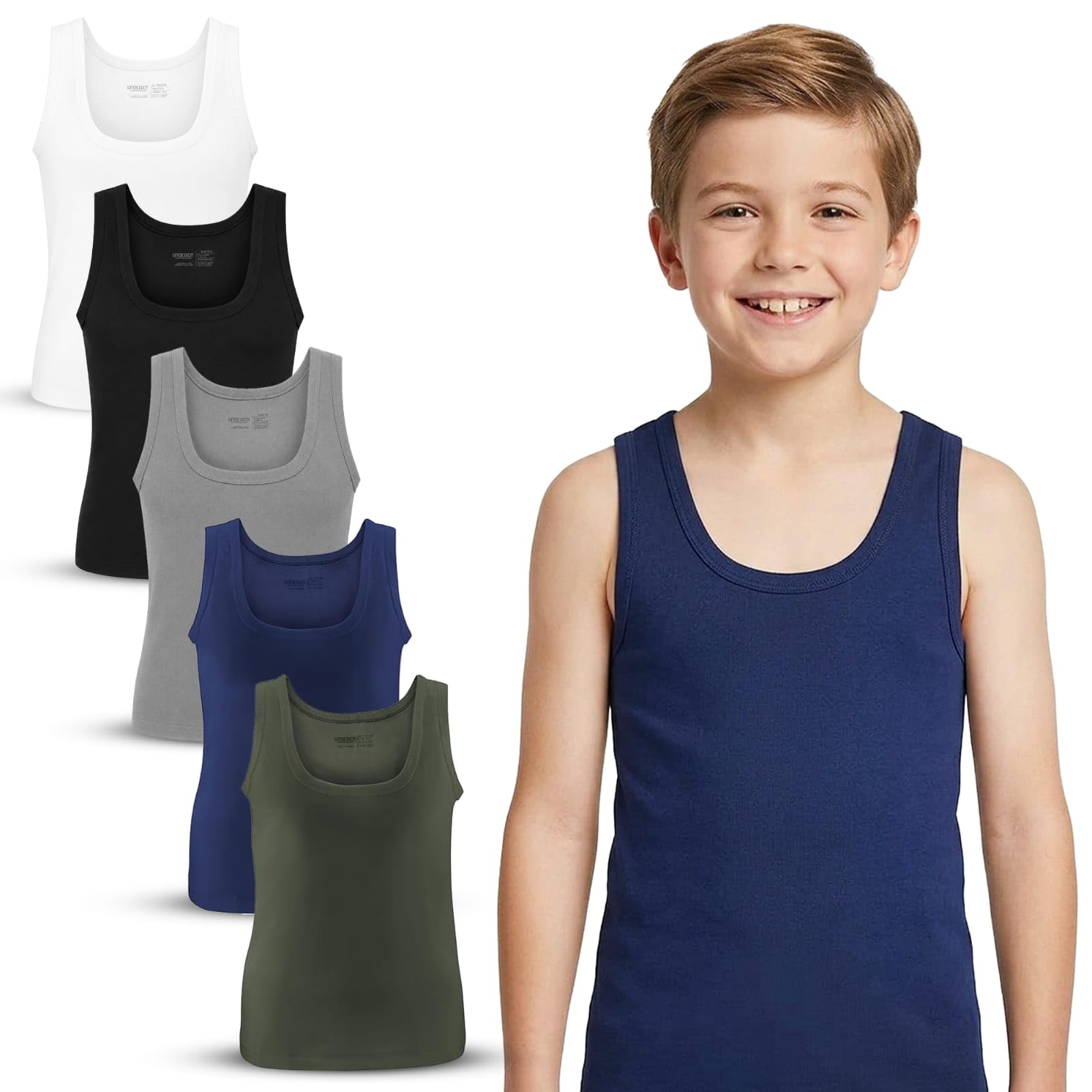 Confezione da 5 canottiere da ragazzo, 100% cotone, morbide e traspiranti, a costine sottili, per la vita quotidiana, la scuola e il tempo libero, colori: nero, bianco, grigio, blu navy, cachi
