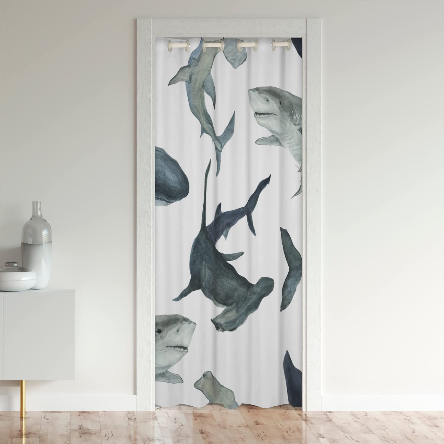 Loussiesd Shark Door Curtain for Doorway Privacy 150x203cm Ocean Sea Animal 30%-50% Room Darkening Blackout CurtainSea Underwater World Marine Theme Blue Animal Room Divider Curtain Cover