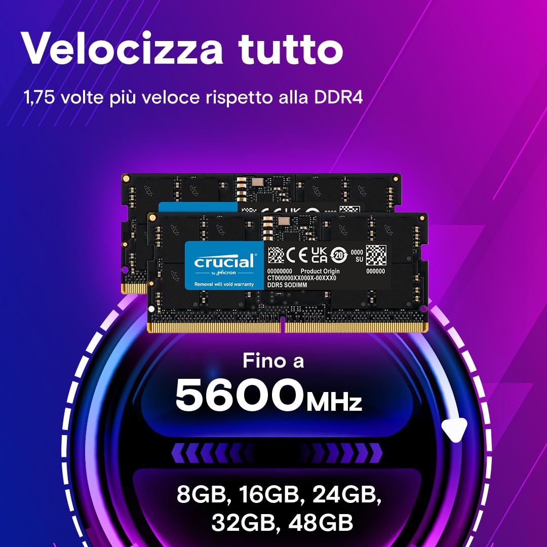 Crucial RAM DDR5 16GB 4800MHz SODIMM, Memoria per PC Laptop