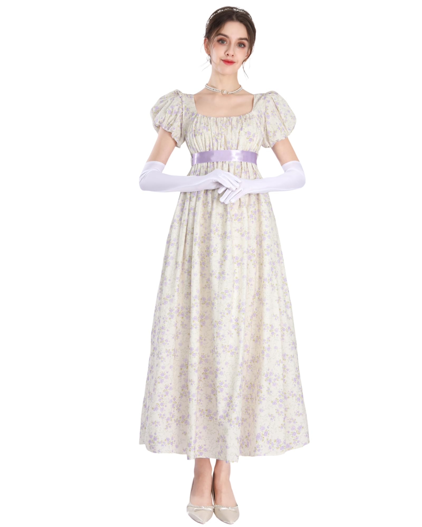 NSPSTT Regency Dress for Women - Floral Empire Waist Long Tea Party Dress with Gloves, Purple Floral, XL โ image 1