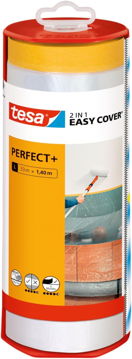 tesa Easy Cover Perfect+ Dispenser L - 2in1 masking film with Washi tape and dispenser - for clean, precise cuts - with blade cover - 33 m x 1.40 m