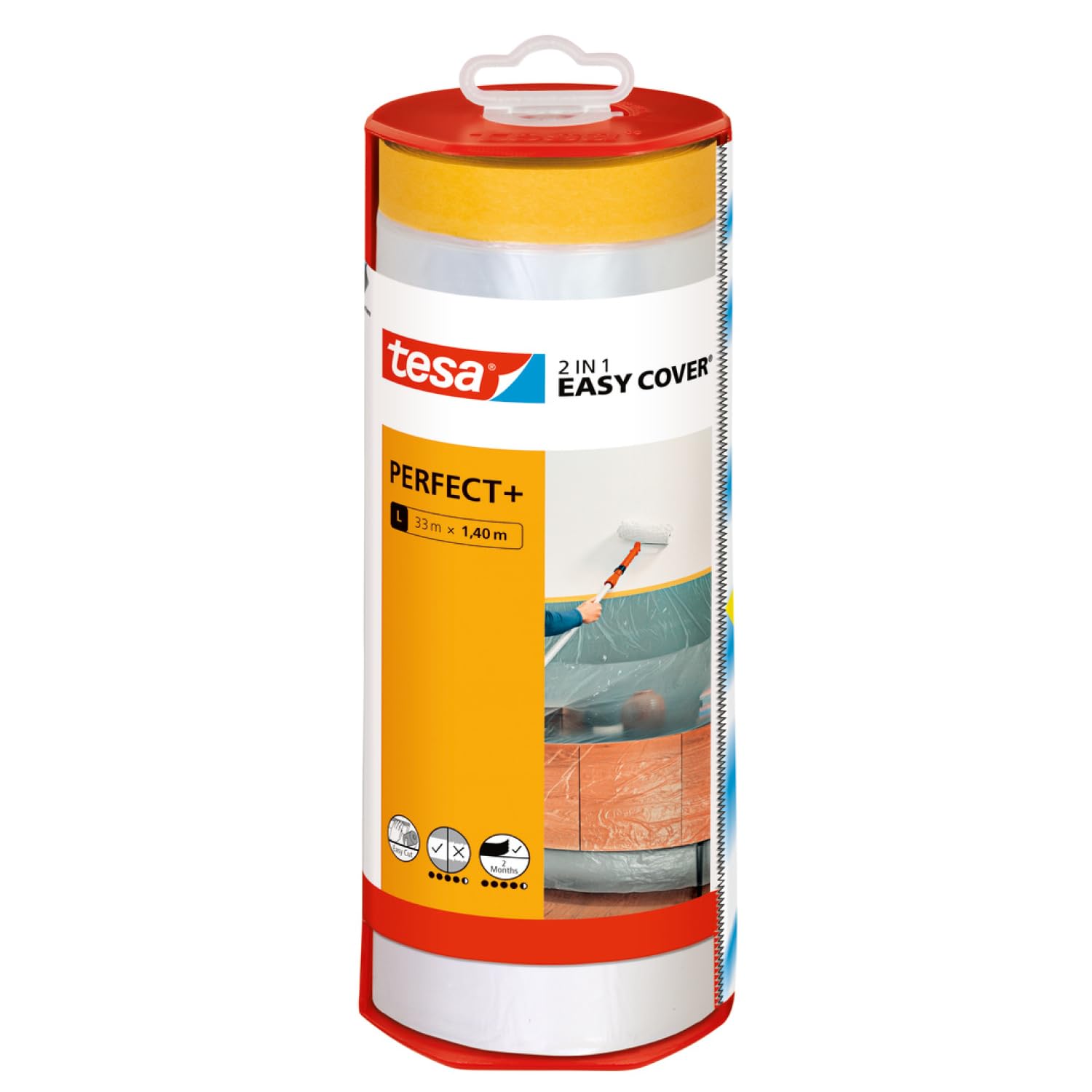 tesa Easy Cover Perfect+ Dispenser L - 2in1 masking film with Washi tape and dispenser - for clean, precise cuts - with blade cover - 33 m x 1.40 m