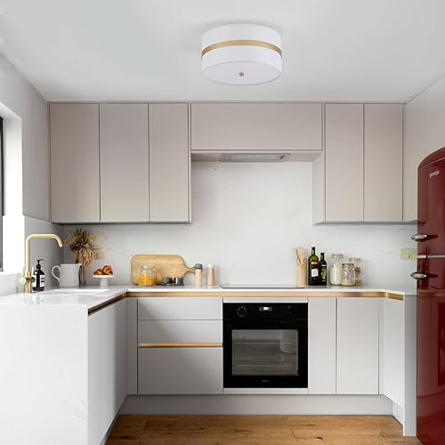 Miniatura 6 de MhyTogn Lámpara de techo semiempotrada, fina con acabado de pintura de pincel dorado pálido, lámpara de techo moderna con pantalla de tambor de tela