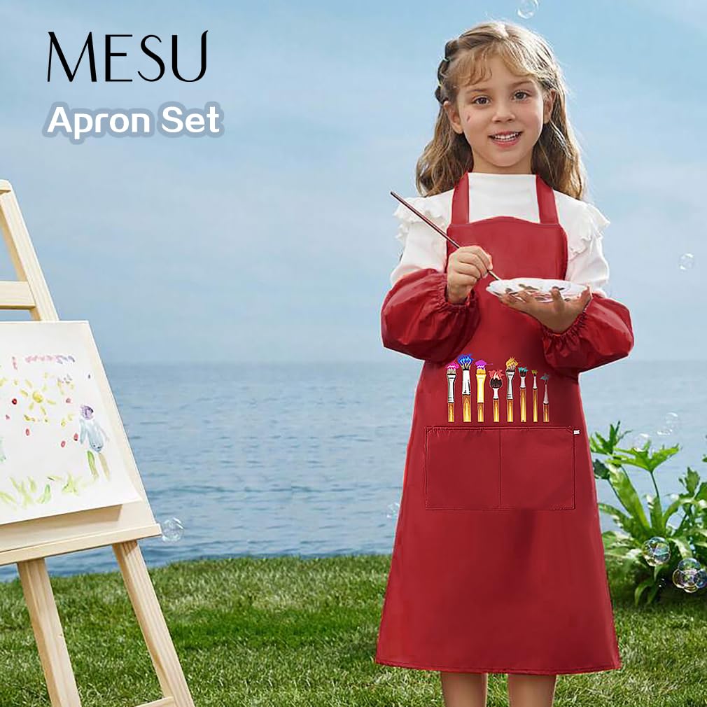 MESU Kids Art Smock Aprons Child Chef Apron for Art Painting Cooking Red M, M : Fit Height 90-120cm - Image 2