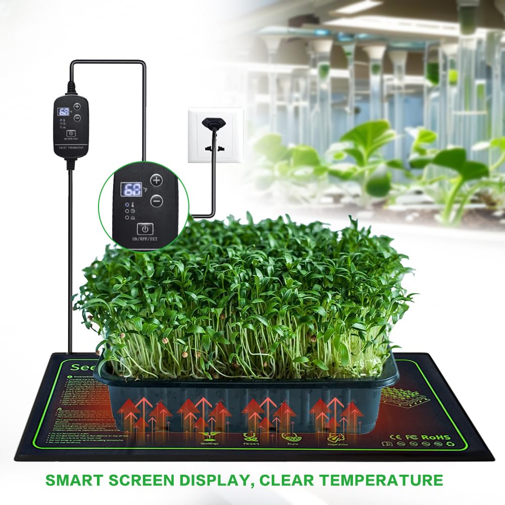 Estera calefactora Ajustable Almohadilla Térmica para Plantas, Estera de Calefacción de Planta con Control de Temperatura y Función de Temporizador, IP68 Impermeable,10 "x 20" 18 Watt