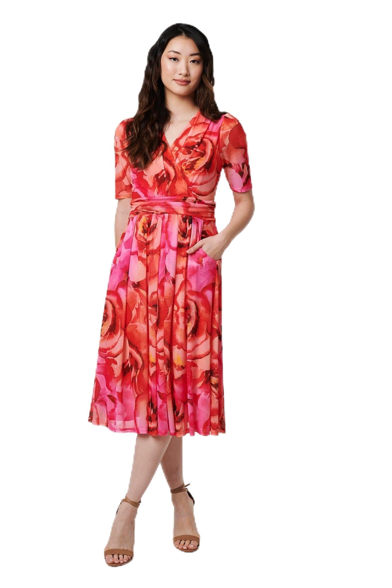 Izabel London Women's Curve Floral Mesh Midi Faux Wrap Dress in Orange | Size: 18