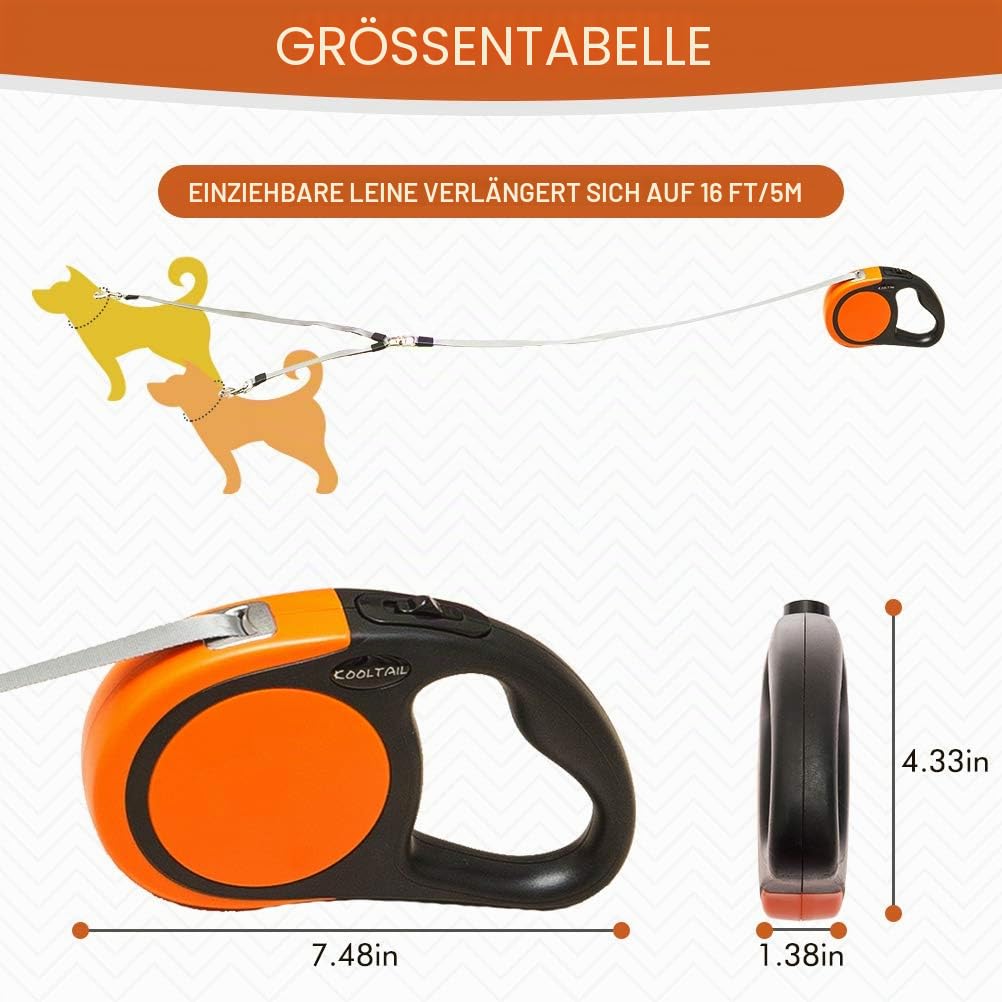 KOOLTAIL Dual Retractable Hundeleine für Zwei Hunde bis 110 Lbs, Heavy Duty Doppelkopf 16 ft Erweiterbare 360° Tangle-Free One Button&Lock Bremse Hundeleine für kleine mittlere Orange