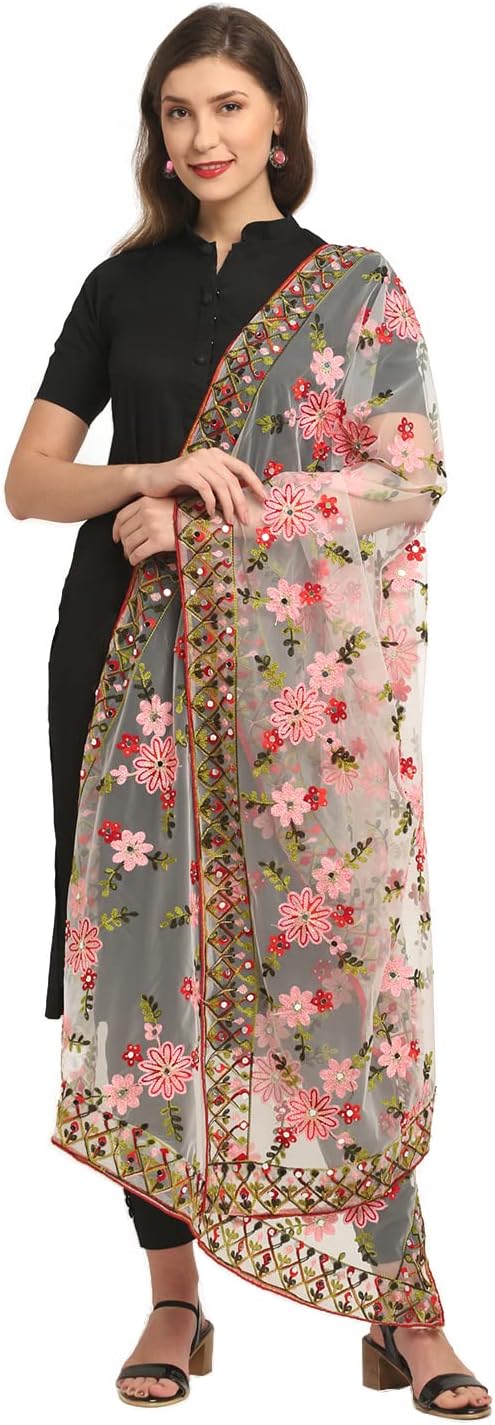Shasmi Women's Heavy Net Embroidered Fancy phulkari work Dupatta for women (ONLY Dupatta)