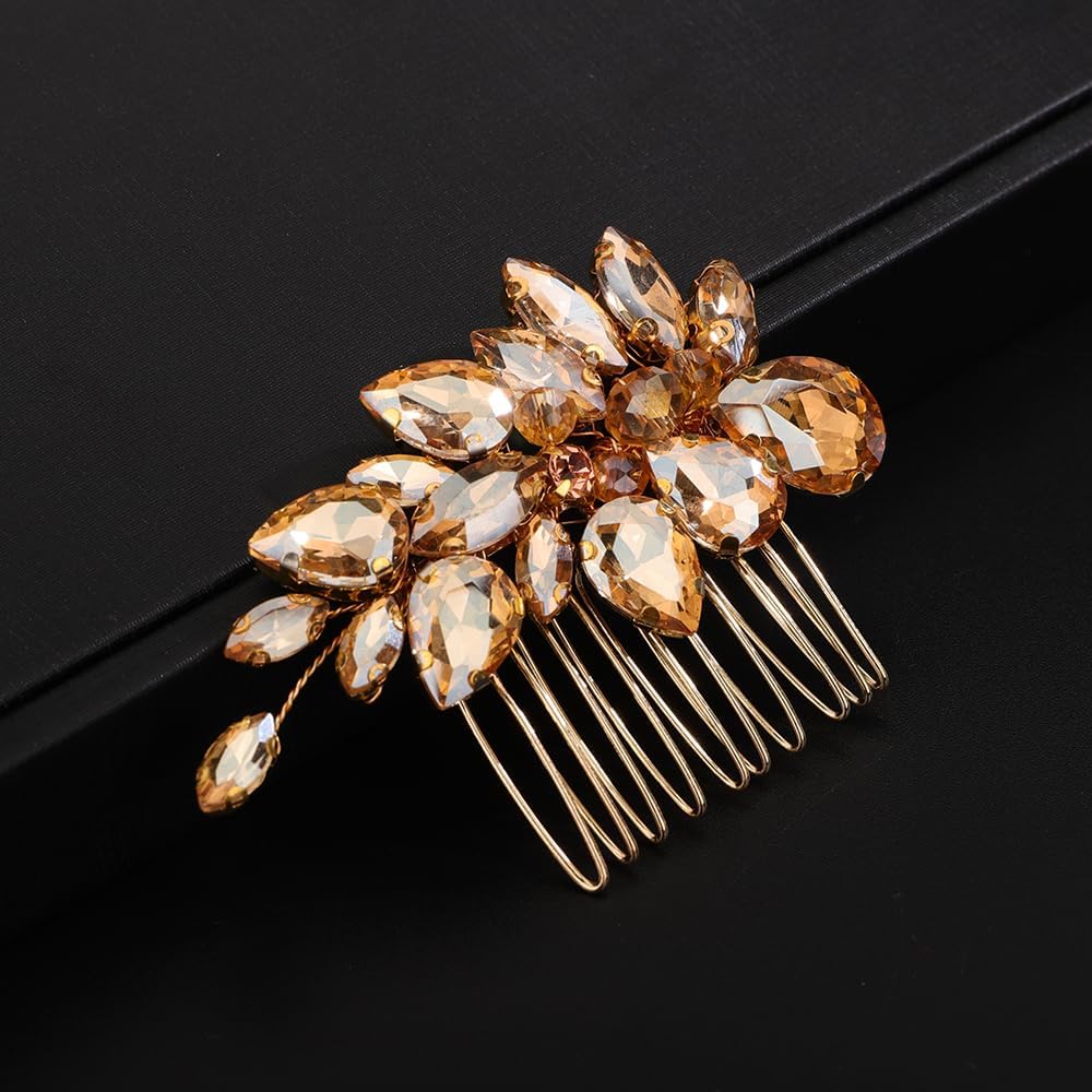 Champagne Rhinestones Beads Side Hair Comb Wedding Bridal Handmade Hair Accessories Special Occasion Jewelry (Champagne)