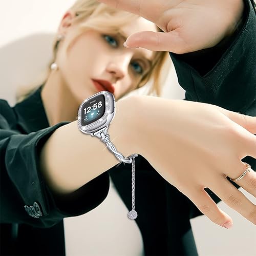 Vista 63 de Correa brillante y funda compatible con Fitbit Versa 4/Fitbit Sense 2 para mujer, pulsera de metal de acero inoxidable de repuesto para Fibit Sense