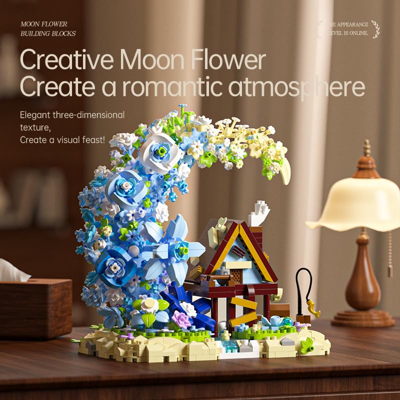 Image of SKY LINE OCEAN Moon Flower Mini Bricks Building Set ||1343 PCS || Fairy Crescent Moon Cabin & Blue Flower Bouquet Botanical Collection || (Complex,only for 14+) 6 Months constructional Warranty