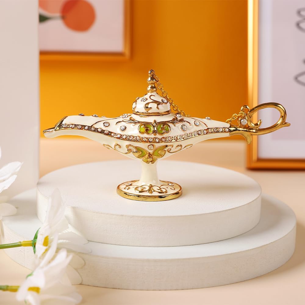 Magic Genie Lamp Wishing Trinket Box Classic Vintage Ornaments Metal Craft Gift for Home Decor (White)