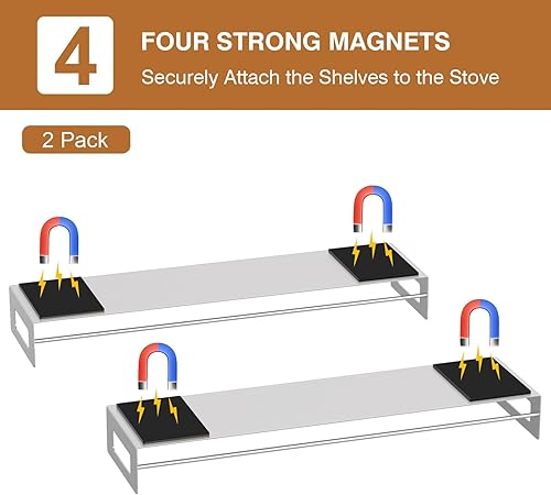 Miniatura 6 de THYGIFTREE Estante superior magnético para estufa, 2 piezas de acero inoxidable de 15 pulgadas, estante para horno, estante de especias para
