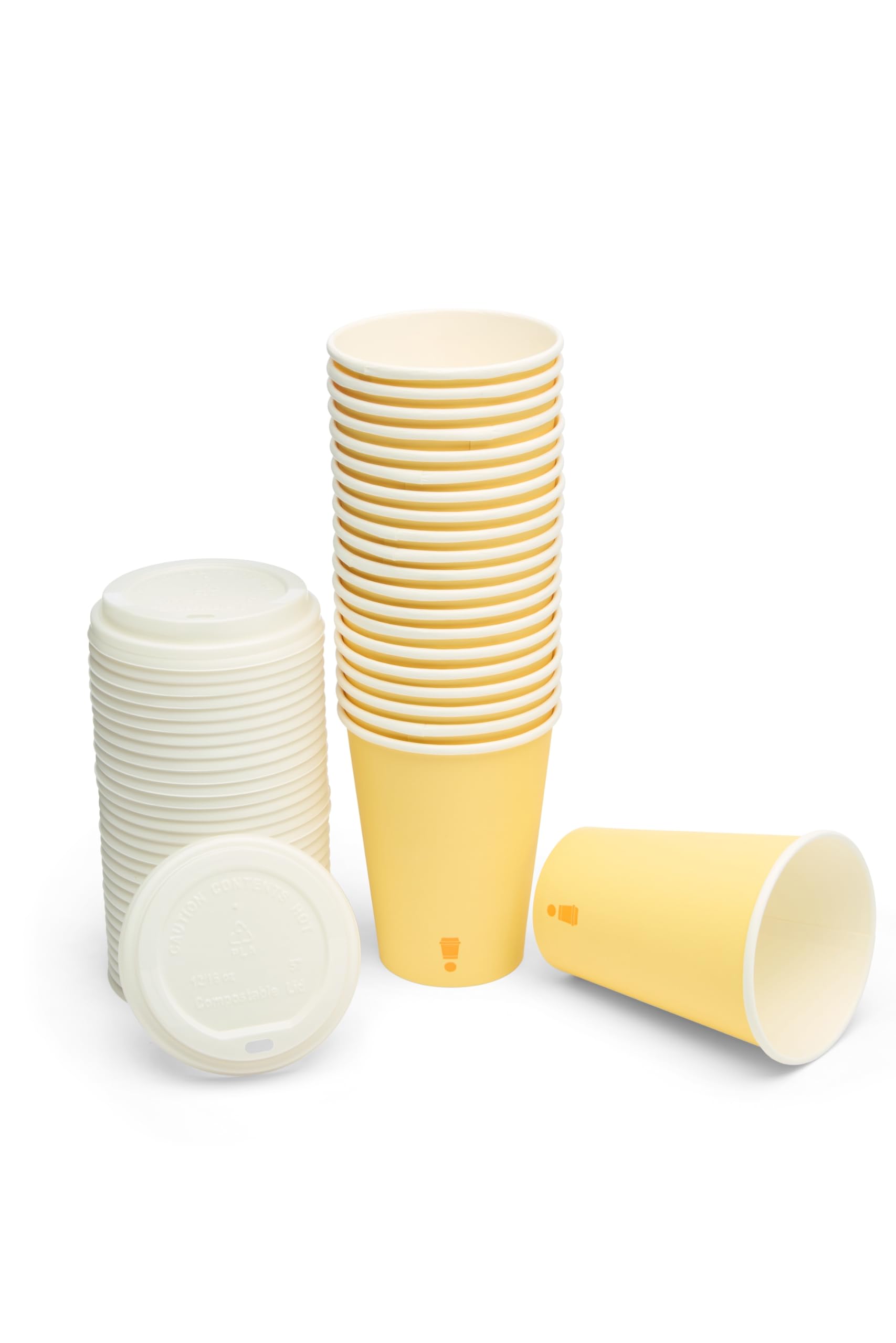 London Coffee Cups 12oz Yellow Disposable Paper Cups with Lids, 100 Pack