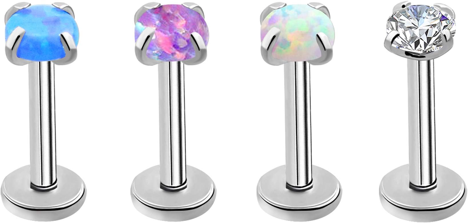 4PCS Lip Bar Piercings Labret Studs Pack Internal Thread 16G Helix Earring Monroe Rings Synthetic Opal CZ Stainless Steel Cartilage Tragus Jewelry