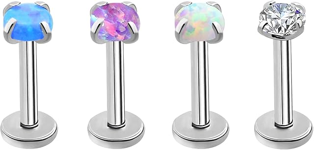 OUFER 4PCS Lip Bar Piercings Labret Studs Pack Internal Thread 16G Helix Earring Monroe Rings Synthetic Opal CZ Stainless Steel Cartilage Tragus Jewelry