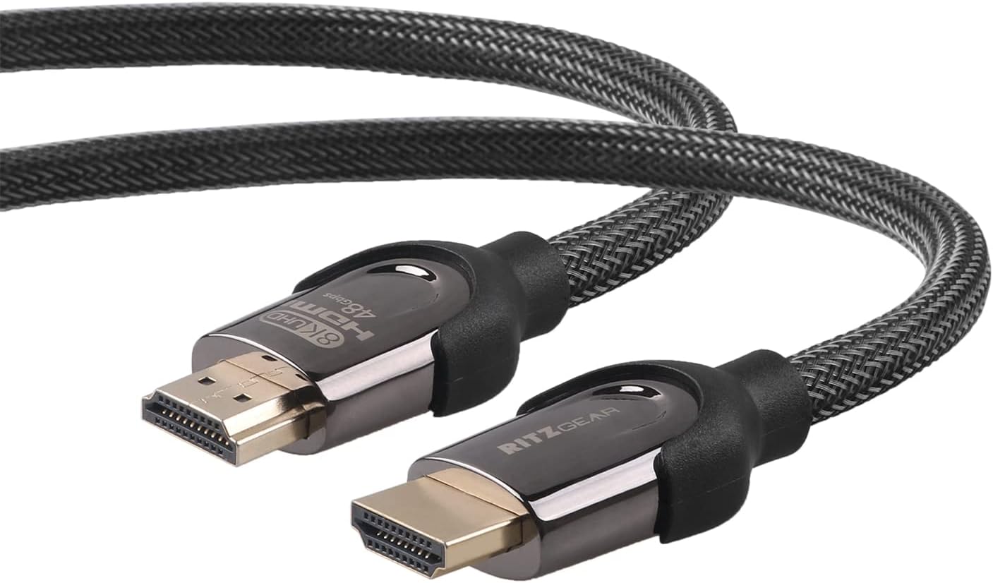 Ritz Gear 8K HDMI 2.1 Cable 6 ft. 48 Gbps Ultra High Speed Braided Nylon Cord & Gold Connectors - 10K/8K@60Hz UHD Video/4K@120Hz/4K@60Hz/2K/1080P. Compatible with UHD TV/Monitor/PC/PS5/Xbox