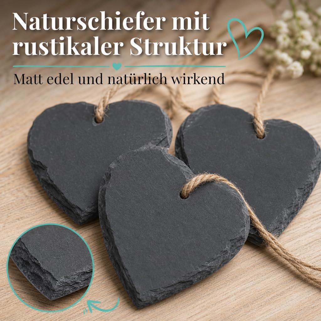MIJOMA Schieferherzen 7x7cm – 18er Set Anhänger aus Naturschiefer mit Juteband in Holzbox – DIY Dekoration & Geschenkanhänger beschriftbar, rustikal & kreativ