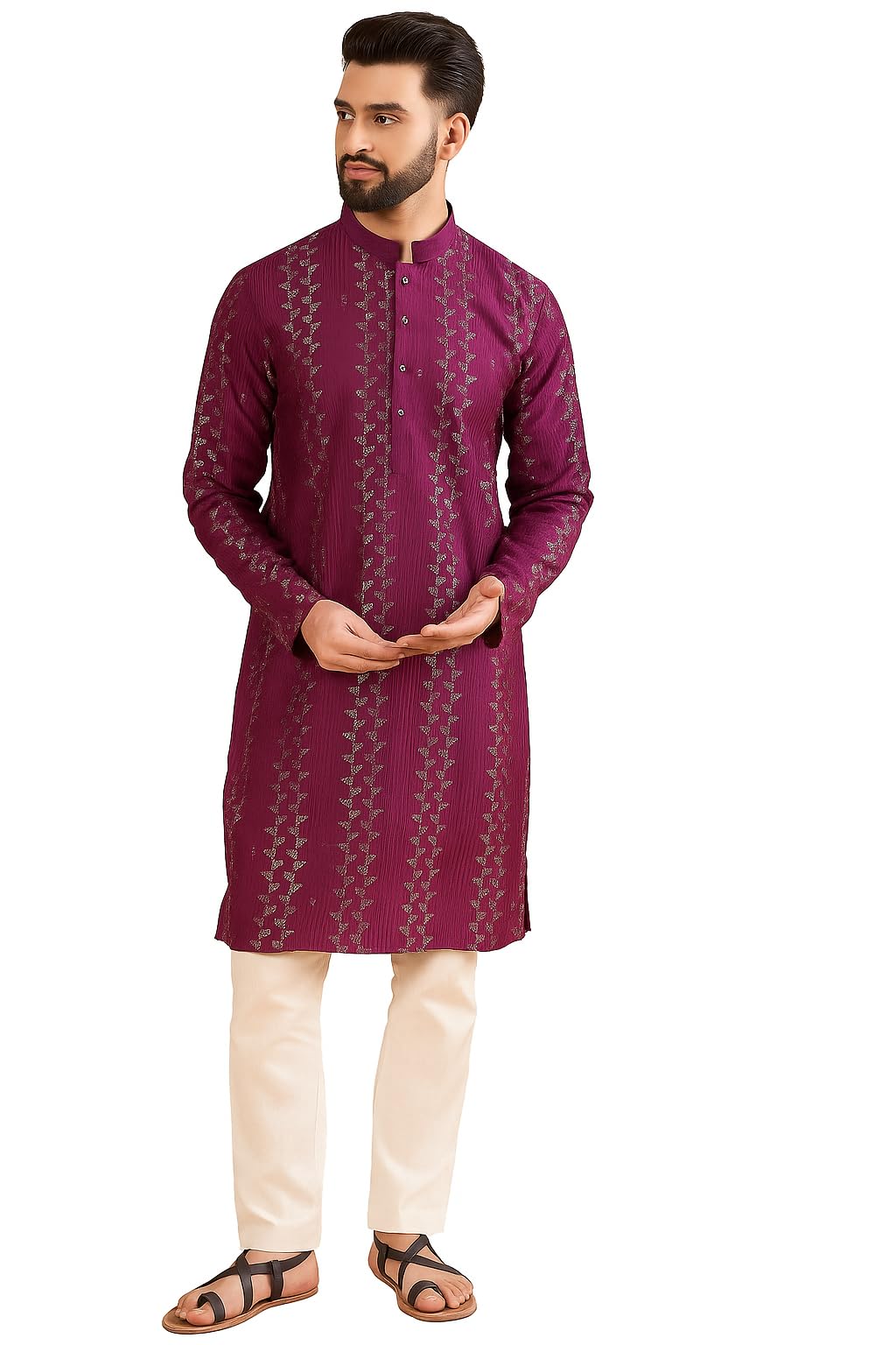 amazon brand - tavasya Men's Linen Floral Regular Kurta-picture-24