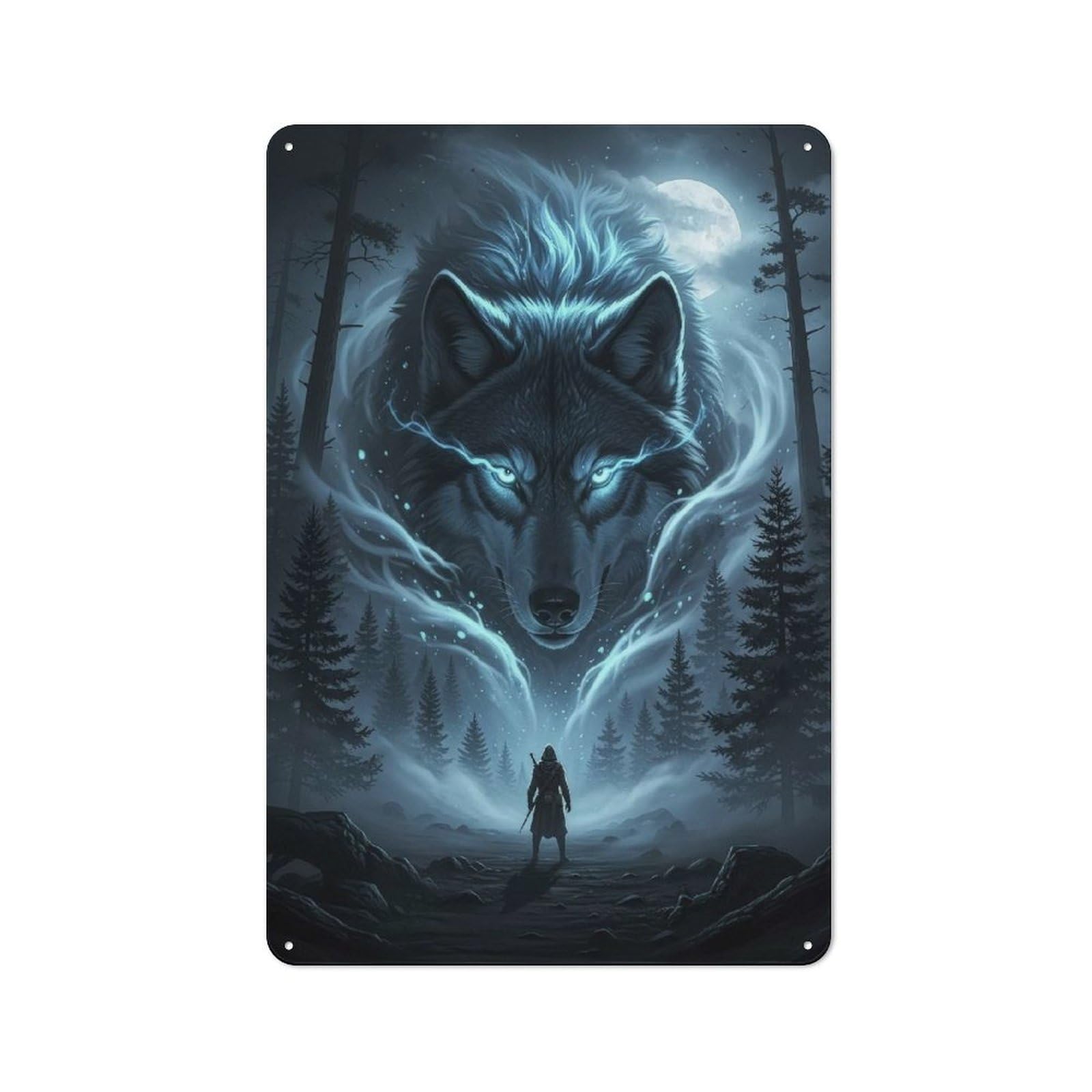 Junmoney Style-14 For Living Room Or Hallway, Mystical Wolf And Warrior In Forest Vintage Metal Plaque 30X20cm, For Vintage Wall Decor Fans, For Metal Sign Collectors