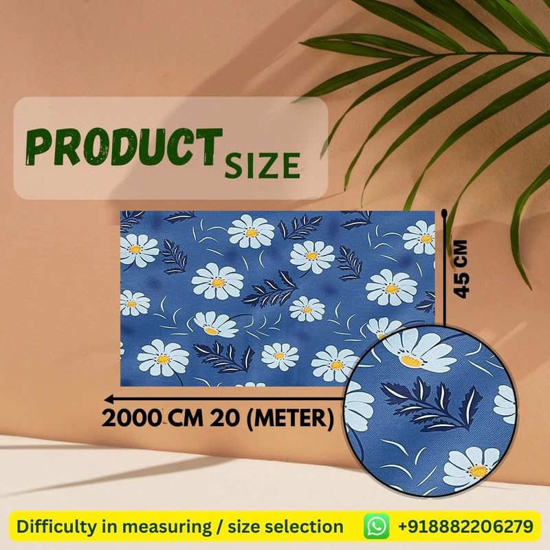 Image of Anti-Slip Kitchen Shelf Liner - 20 Meter Roll, Waterproof Multipurpose Mat for Fridge, Cabinet, Drawer, Trolley & Bathroom - Easy to Cut Floral Blue Print (Yellow)