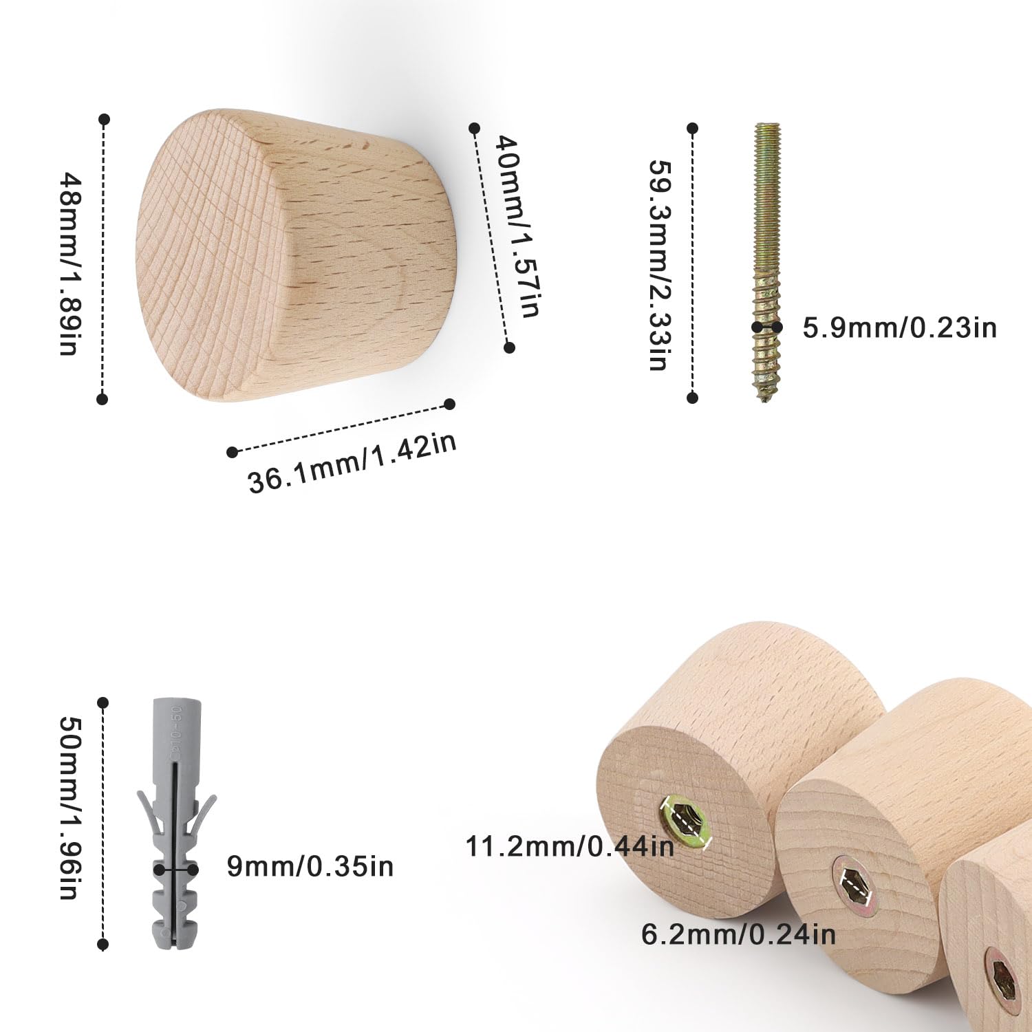 JANDH 5 Pieces Coat Hooks, Beech Wood Tapered Hooks, Suitable for Hanging Clothes, Beige - Image 2