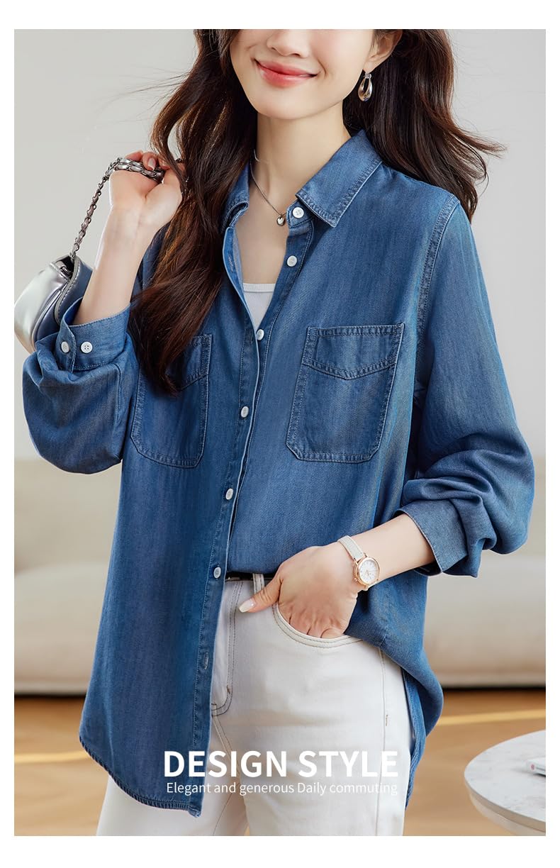 Camicia da Donna in Morbido Denim Tencel, vestibilità Ampia, Maniche Lunghe, Abbottonatura Frontale, Camicetta in Chambray, Leggera E Casual, con Tasche sul Petto, Ideale per Lavoro, Uffi