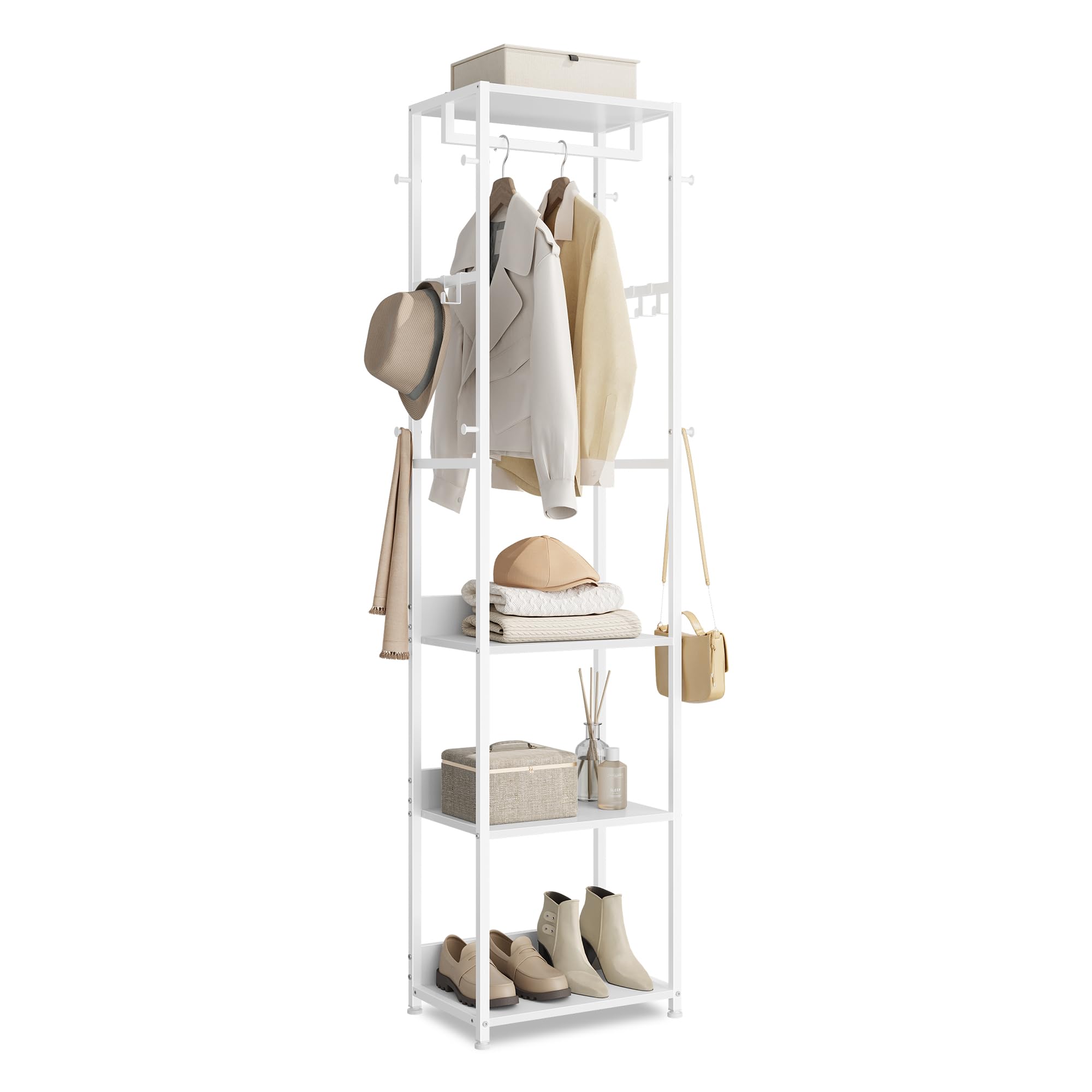 VASAGLE Clothes Rack, Coat Rack Stand with Hanging Rail and Hooks, Hall Tree with Shelves, Steel Frame, for Clothes, Bags, Hats, Cloud White RCR061WC02